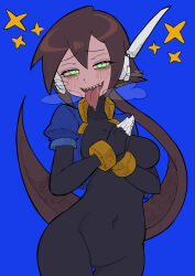 Rule 34 | 1girl, aile (mega man zx), brown hair, buzzlyears, fangs, green eyes, half-closed eyes, mega man zx, own hands clasped, ponytail, smile, tongue, tongue out