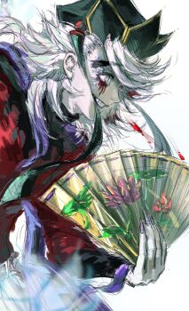 1boy black_hat blood bloody_tears chinese_commentary clenched_teeth commentary_request douma_(kimetsu_no_yaiba) fingernails flipped_hair forked_eyebrows from_side gggggbyjokie hand_fan hat highres holding holding_fan kimetsu_no_yaiba long_hair long_sleeves male_focus red_shirt sharp_fingernails shirt simple_background sketch smile solo teeth upper_body veins veiny_face white_background