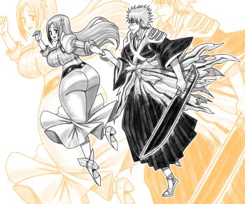 Rule 34 | 01leteo, 1boy, 1girl, bleach, bleach: sennen kessen-hen, breasts, cleavage, cleavage cutout, clothing cutout, commentary, detached sleeves, dual wielding, english commentary, full body, hair ornament, hairclip, hakama, holding, holding hands, holding sword, holding weapon, inoue orihime, japanese clothes, kurosaki ichigo, large breasts, midriff, monochrome, puffy sleeves, shihakusho, shikai, short hair, simple background, snowflake hair ornament, spiked hair, sword, true zangetsu (shikai), weapon, white background, wide sleeves, zanpakutou