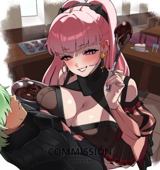 Rule 34 | 1boy, 1girl, armor, black armor, blush, breast press, breasts, ceroccb, chocolate, chocolate on body, cleavage, commentary, commission, earrings, english commentary, fire emblem, fire emblem: three houses, food on body, goddess of victory: nikke, green hair, grin, highres, hilda valentine goneril, hilda valentine goneril (timeskip), holding, indoors, jewelry, large breasts, lips, looking at another, male byleth (awakened) (fire emblem), male byleth (fire emblem), nintendo, official alternate hair color, pink hair, pink lips, scene reference, short hair, smile, twitter username, valentine