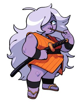 1girl amethyst_(steven_universe) breasts colored_skin cosplay discount-supervillain dragon_ball feet flip-flops grey_hair hair_over_one_eye katana long_hair medium_breasts plump purple_skin sandals shortstack smile steven_universe sword thick_arms thick_lips toes weapon yajirobe yajirobe_(cosplay)