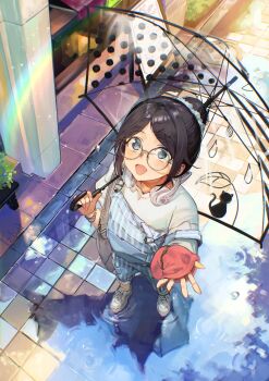 1girl :d black_hair blue_eyes blue_overalls bracelet bright_pupils day from_above full_body hands_up headphones headphones_around_neck highres holding holding_umbrella idolmaster idolmaster_shiny_colors jewelry legs_apart light_blush long_hair long_sleeves looking_up mitsumine_yuika off_shoulder open_mouth otsudou outdoors overalls ponytail puddle rainbow reflection reflective_liquid road round_eyewear shirt shoes smile solo standing street striped_clothes transparent transparent_umbrella umbrella vertical-striped_clothes vertical-striped_overalls white_shirt white_shoes