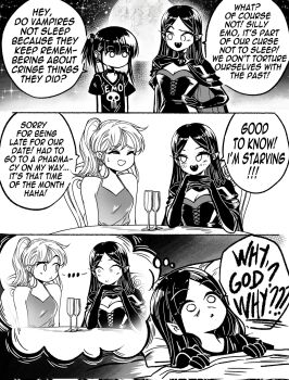 Rule 34 | 3girls, blush, closed eyes, corrupted twitter file, couple, elbow gloves, emo-girl (grs-), english text, fangs, gloves, greyscale, grs-, hand on own hip, highres, imagining, long hair, monochrome, moon, multiple girls, night, no mouth, open mouth, original, pointy ears, raised eyebrow, short hair, star (sky), sweatdrop, vampire, yuri