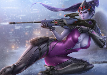 1girl aiming arm_tattoo black_boots black_gloves blurry blurry_background bodysuit boots breasts center_opening cityscape cleavage colored_skin day earrings female_focus gloves gun head-mounted_display highres holding holding_gun holding_weapon jewelry john_law_bc knee_boots leg_up lips long_hair lying medium_breasts nose on_side outdoors overwatch overwatch_1 parted_lips pink_bodysuit ponytail pouch purple_hair purple_skin realistic rifle shiny_clothes short_sleeves sniper sniper_rifle snowing solo stud_earrings tattoo thigh_strap trigger_discipline weapon widowmaker_(overwatch) wind yellow_eyes