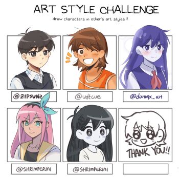 2boys 4girls alternate_eye_color antenna_hair aoihiraki artist_self-insert aubrey_(faraway)_(omori) aubrey_(omori) black_eyes black_hair black_sweater_vest blue_eyes blue_hairband blush bright_pupils brother_and_sister brown_eyes brown_hair chibi closed_mouth collarbone collared_shirt colored_skin commentary dark-skinned_male dark_skin dress dual_persona ear_piercing english_commentary english_text hair_between_eyes hairband highres jacket kel_(faraway)_(omori) kel_(omori) long_hair looking_at_viewer mari_(faraway)_(omori) mari_(omori) mari_(spirit)_(omori) multicolored_hair multiple_boys multiple_girls neckerchief omori one_eye_closed open_mouth parody piercing pink_hair purple_eyes purple_hair purple_sweater_vest red_neckerchief roots_(hair) shirt short_hair siblings smile style_parody sunny_(omori) sweater_vest white_dress white_jacket white_pupils white_shirt white_skin