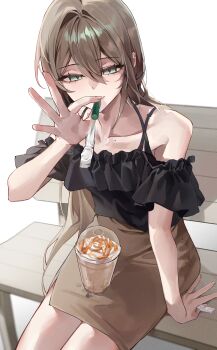 1boy absurdres bare_shoulders bench brown_hair brown_skirt caramel coffee commentary_request drinking_straw drinking_straw_in_mouth green_eyes hair_between_eyes highres holding holding_drinking_straw long_hair looking_at_viewer original pencil_skirt sexually_suggestive sitting skirt solo trap whipped_cream white_background zurui_ninjin