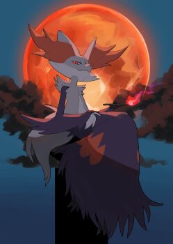 alternate_color animal_ears delphox fang fire fox_ears fox_tail full_body furry gen_6_pokemon highres holding moon night nintendo orange_eyes pokemon pokemon_(creature) red_moon shiny_pokemon sitting solo stick tail v_(govvvvw)