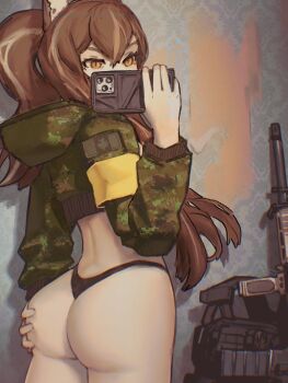 1girl absurdres animal_ears armband brown_hair bulletproof_vest cadpat callisto_(greyeth) canadian_flag character_name colt_canada_c7 commission crop_top fox_ears fox_girl grabbing_own_ass highres holding holding_phone hood hood_down long_hair notfuji original phone selfie wallpaper_(object) yellow_armband