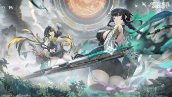 &gt;_&lt; 3girls aether_gazer artist_request ass black_hair black_leotard black_thighhighs blonde_hair character_request colored_inner_hair copyright_name copyright_notice hair_ornament highres holding holding_weapon leotard long_braid long_hair looking_back median_furrow multicolored_hair multiple_girls official_art open_mouth purple_eyes thighhighs weapon yellow_eyes yingzhao_(aether_gazer)