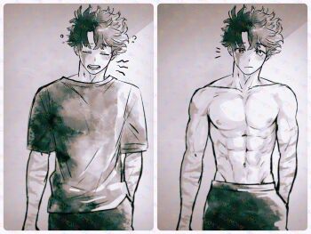 1boy abs absurdres boku_no_hero_academia border closed_eyes collarbone commentary_request crew_neck greyscale groin hand_in_pocket highres kigi_kamome midoriya_izuku monochrome multiple_scars multiple_views navel nipples pants parted_bangs pectorals scar scar_across_eye scar_on_arm scar_on_face shirt short_hair short_sleeves squeans t-shirt tears toned toned_male topless_male white_border yawning