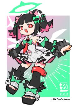 1girl angels_of_delusion artist_name autis_tic bare_shoulders black_hair black_sleeves black_thighhighs bow bowtie checkered_necktie chibi chibi_only clothing_cutout colored_inner_hair cowboy_shot detached_sleeves dress frilled_dress frills full_body fur-trimmed_sleeves fur_trim green_bow green_bowtie green_halo hair_bow halo highres looking_at_viewer multicolored_hair multiple_hair_bows nangong_yu navel navel_cutout necktie red_eyes red_necktie short_twintails smile solo thighhighs twintails white_dress white_wings wings zenless_zone_zero