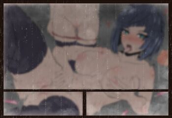 2girls blue_eyes blurry blush breasts condom female_masturbation fuzzlogik genshin_impact highres large_breasts masturbation multiple_girls nipples open_mouth pussy rain solo_focus spread_legs tongue tongue_out used_condom window yelan_(genshin_impact)