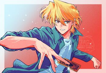 Rule 34 | 1boy, a o na ka, arms up, blonde hair, border, card, collared jacket, commentary request, cowboy shot, crew neck, film grain, gradient background, green jacket, hair behind ear, highres, holding, holding card, jacket, jonouchi katsuya, looking to the side, male focus, open clothes, open jacket, red eyes, shirt, short hair, sideways glance, smile, solo, watermark, white border, white shirt, wing collar, yu-gi-oh!, yu-gi-oh! duel monsters