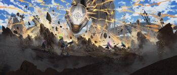 4girls aqua_halo battle binah_(blue_archive) blue_archive blue_sky cloud commentary_request destruction explosion floating_hair gatling_gun green_halo gun halo highres holding holding_gun holding_weapon hoshino_(blue_archive) long_hair mecha miyoshi_nao_(miyoshist) multiple_girls non-humanoid_robot nonomi_(blue_archive) outdoors pink_halo rifle robot robot_animal rock serika_(blue_archive) shiroko_(blue_archive) sky standing very_long_hair weapon