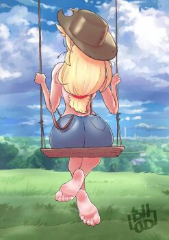 1girl applejack artist_request ass back backboob barefoot blonde_hair breasts cloud denim denim_shorts feet female_focus foot_focus from_behind grass hat holding huge_ass legs long_hair looking_to_the_side medium_breasts outdoors overalls short_shorts shorts signature sitting soles solo suspenders swing toes