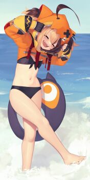 1girl :d ahoge animal_ear_hood animal_ears artist_name bare_legs barefoot beach bikini black_bikini black_gloves blonde_hair brown_hair closed_eyes commentary day english_commentary facing_viewer fake_animal_ears feet fingerless_gloves flat_chest front-tie_bikini_top front-tie_top full_body gigi_murin gigi_murin_(1st_costume) gloves hair_between_eyes hair_through_hood hands_up highres hololive hololive_english hood hood_up huge_ahoge long_sleeves midriff multicolored_hair navel open_mouth orange_hood orange_shrug outdoors puffy_long_sleeves puffy_sleeves sharp_teeth shrug_(clothing) smile solo spread_toes streaked_hair swimsuit tail teeth toes two-tone_hair upper_teeth_only virtual_youtuber wading waves yoako zipper