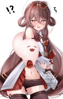 !? 1girl blush boo_tao_(genshin_impact) breasts brown_hair brown_shorts brown_thighhighs chinese_clothes commentary_request eyewear_on_head flower-shaped_pupils genshin_impact hair_between_eyes hat highres hu_tao_(cherries_snow-laden)_(genshin_impact) hu_tao_(genshin_impact) komor_yuki long_hair long_sleeves looking_at_viewer medium_breasts midriff navel official_alternate_costume open_mouth red-tinted_eyewear red_eyes revision round_eyewear shorts smile solo stomach symbol-shaped_pupils thighhighs tinted_eyewear white_background white_hat