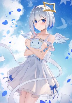 1girl absurdres amane_kanata aqua_wings blue_bow blue_hair blush bob_cut bow closed_mouth cloud cloudy_sky collarbone colored_inner_hair commentary dress feathered_wings gradient_wings grey_hair hair_between_eyes halo highres hololive looking_at_viewer multicolored_hair multicolored_wings nenechi pink_hair purple_eyes single_hair_intake sky smile star_halo tilted_halo upao_(amane_kanata) virtual_youtuber white_dress white_wings wings yellow_halo