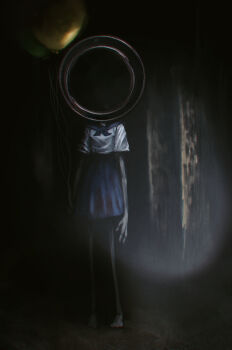 1other balloon barefoot blue_sailor_collar blue_skirt dark grey_skirt highres holding holding_balloon horror_(theme) long_arms monster onto3287 original sailor_collar shirt short_sleeves skirt solo standing white_shirt