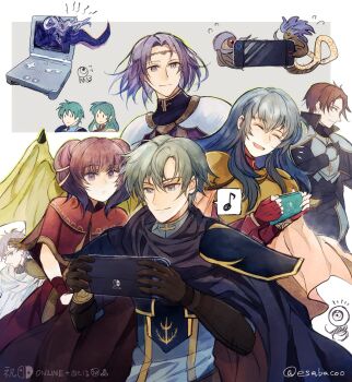 1other 2girls 5boys armor black_gloves blue_hair breastplate cape capelet circlet closed_eyes closed_mouth demon dragon_wings eirika_(fire_emblem) ephraim_(fire_emblem) fingerless_gloves fire_emblem fire_emblem:_the_sacred_stones fomortiis_(fire_emblem) game_boy_advance game_boy_advance_sp gloves green_hair hand_on_own_chest handheld_game_console highres holding holding_handheld_game_console leaf_(esabacoo) long_hair lyon_(fire_emblem) mogall multiple_boys multiple_girls musical_note myrrh_(fire_emblem) nintendo nintendo_switch open_mouth pauldrons purple_eyes purple_hair red_eyes red_gloves red_hair saleh_(fire_emblem) seth_(fire_emblem) short_hair shoulder_armor smile spoken_musical_note twintails twitter_username wings