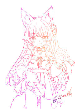 1girl absurdres animal_ears animal_hands cat_ears cat_girl cat_tail clothes_lift collar colored_lineart dated gloves gradient_lineart gu hand_up high-waist_skirt highres lifting_own_clothes lineart long_hair long_sleeves looking_at_viewer off-shoulder_shirt off_shoulder one_side_up original panties paw_gloves pleated_skirt shirt simple_background skirt skirt_lift smile tail underwear white_background