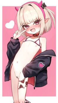 1girl bar_censor bikini bikini_around_one_leg bikini_top_lift blonde_hair censored clothes_lift collar commentary_request fang flat_chest hairband heart heart_tattoo highres huucha_(cpaf5377) jacket leg_tattoo loli looking_at_viewer makaino_ririmu multicolored_hair navel nijisanji nipples off_shoulder open_clothes open_jacket open_mouth pink_hair pointy_ears pussy red_eyes short_hair smile solo swimsuit tattoo two-tone_hair v virtual_youtuber