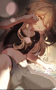 1boy aether_(genshin_impact) ahoge arm_support blonde_hair brown_shirt brown_shorts collarbone commentary_request crop_top drooling genshin_impact glint groin hair_between_eyes hair_down highres long_hair looking_at_viewer male_focus midriff mouth_drool navel one_eye_closed open_mouth rubbing_eyes sengan_(senngann) shadow shirt short_sleeves shorts sidelocks sleepy solo tears waking_up watermark yellow_eyes