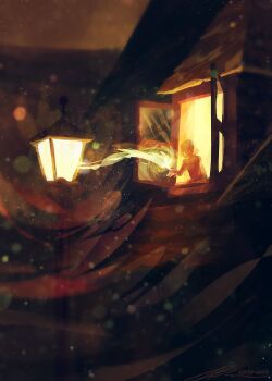 1girl artist_name cabin glowing lamppost lantern leaning_out_of_window magic mini_person minigirl night open_window original outstretched_hand painterly signature snowing solo upper_body window zandra