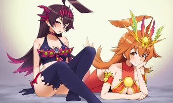 2girls :o absurdres ahoge arm_support armband bikini bird black_thighhighs blush breasts brown_hair cleavage cleavage_cutout closed_mouth clothing_cutout collarbone crop_top crossed_legs dapiko_(duel_masters) death_phoenix_avatar_of_doom duel_masters duel_masters_play's embarrassed gloves hair_ornament highleg highleg_bikini highres huge_ahoge japanese_clothes kimono kokko_rupiko long_hair lying mask mask_on_head medium_breasts midriff multicolored_hair multiple_girls on_back phoenix pink_hair purple_eyes purple_hair red_armband red_kimono red_thighhighs simple_background sitting sling_bikini_top smile super_enlightened_nova_apollonus_dragerion sweat swimsuit thighhighs thighs tiara toriyarou very_long_hair