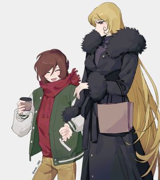 Rule 34 | 1boy, 1girl, artist name, azuma (magi-inazuma), bag, black coat, blonde hair, blush, brown bag, brown eyes, brown hair, buttons, closed eyes, closed mouth, coat, coffee, commentary request, cup, disposable coffee cup, disposable cup, eyelashes, fingernails, fur-trimmed coat, fur coat, fur trim, ginga tetsudou 999, handbag, harlock saga, highres, holding, holding hands, hoshino tetsurou, jacket, letterman jacket, light smile, long hair, long sleeves, looking at another, looking down, looking to the side, maetel, open clothes, purple shirt, queen emeraldas, red scarf, red shirt, scarf, shirt, shopping bag, signature, simple background, smile, sweater, track jacket, turtleneck, turtleneck sweater, twitter username, uchuu kaizoku captain harlock, very long hair, white background