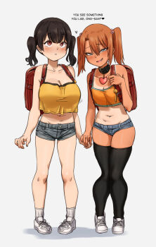 2girls backpack bag belt_collar blush borrowed_character breasts bursting_ass camisole cleavage collar crime_prevention_buzzer crop_top crop_top_overhang crossover dark-skinned_female dark_skin denim denim_shorts english_text fang female_focus full_body gaki_kyonyuu grey_shorts hair_ornament hair_tie heart_collar heart_pendant highres holding_hands karmaniac knees_together_feet_apart large_breasts looking_at_viewer mesugaki multiple_girls naughty_face one-piece_tan open_mouth oppai_loli orange_camisole randoseru red_bag sasaki_kanna shoes short_hair short_shorts short_twintails shorts simple_background smile sneakers standing tan tanline thighhighs twintails wavy_hair yellow_camisole yuma_(ebisujima_misato) zettai_ryouiki