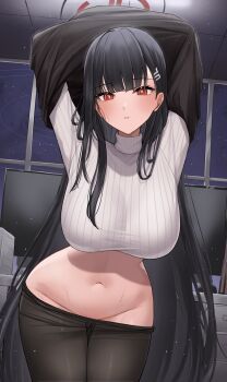 1girl absurdres arms_up black_hair black_halo black_pantyhose blue_archive breasts bright_pupils ceiling clothes_pull commentary commentary_request commission cowboy_shot desk english_commentary gluteal_fold groin hair_behind_ear hair_ornament hairclip halo highres honome_sui indoors large_breasts light_blush long_hair looking_at_viewer mixed-language_commentary monitor multiple_monitors navel pantyhose pantyhose_pull parted_lips partial_commentary pixiv_commission red_eyes revision ribbed_sweater rio_(blue_archive) solo standing stomach sweat sweater teeth thigh_gap tile_ceiling tiles turtleneck undressing very_long_hair white_pupils white_sweater window