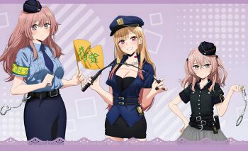 3girls absurdres armband baton_(weapon) belt beret black_shirt black_skirt blonde_hair blue_necktie blue_shirt blue_skirt blush breasts cleavage cowboy_shot cuffs earrings flag grey_skirt handcuff handcuffs hat highres inui_sajuna inui_shinju jewelry kitagawa_marin lipstick_mark long_hair miniskirt multiple_girls necktie official_art pink_eyes pink_hair police police_badge police_hat police_uniform policewoman promotional_art red_eyes shirt skirt smile sono_bisque_doll_wa_koi_wo_suru two_side_up weapon