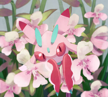 ariko00 flower gen_7_pokemon lurantis mantis nintendo no_humans pink_theme pokemon pokemon_(creature) pokemon_sm praying_mantis solo