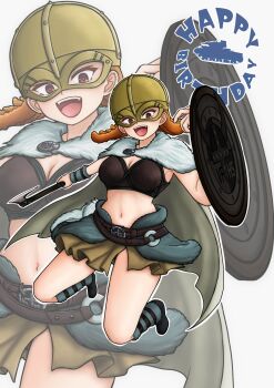 1girl absurdres amanone_yun axe blush breasts brown_eyes brown_hair cape cleavage fur_cape girls_und_panzer helmet highres holding holding_axe kebiko_(girls_und_panzer) large_breasts long_hair looking_at_viewer miniskirt navel open_mouth shield skirt smile solo