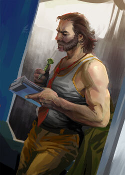 Rule 34 | 1boy, belt, blazer, brown hair, clipboard, commentary, cowboy shot, disco elysium, dutch angle, english commentary, facial hair, furrowed brow, green jacket, hair slicked back, harry du bois, hel777, highres, holding, holding clipboard, holding pen, jacket, male focus, mutton chops, narrowed eyes, necktie, painterly, pen, red necktie, solo, tank top, unworn jacket, white tank top