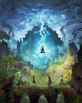 1girl 4boys armor devil_fruit enel epic full_body gan_fall highres holding holding_sword holding_weapon katana lightning looking_at_another multiple_boys nico_robin nico_robin_(skypiea) one_piece outdoors pointing_melee_weapon polearm roronoa_zoro ruins sky skypiea sword sylvain_sarrailh weapon wiper