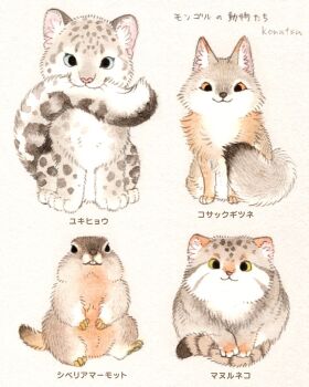 :3 animal animal_focus baby_animal biting_own_tail commentary_request corsac_fox fox highres konatsu_tunacan looking_at_viewer marmot no_humans original pallas's_cat simple_background snow_leopard tail traditional_media translation_request