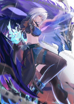 1girl absurdres black_jacket black_pantyhose black_thighhighs blue_bra bra closed_mouth commentary cropped_jacket from_side galbrena_(wuthering_waves) gold_choker grey_hair highres jacket looking_at_viewer medium_hair pantyhose purple_eyes shuuka single_leg_pantyhose single_thighhigh solo thighhighs underwear wuthering_waves