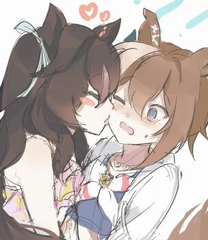 ! 2girls @_@ animal_ear_piercing animal_ears bikini blue_bikini blue_eyes blush blush_stickers brown_hair cheval_grand_(summer_calm_navy_drop)_(umamusume) cheval_grand_(umamusume) closed_eyes earrings embarrassed frilled_bikini frills hair_between_eyes hair_ornament heart heart_necklace highres horse_ears horse_girl horse_tail incest jacket jewelry licking licking_another's_cheek licking_another's_face long_hair multicolored_hair multiple_girls necklace official_alternate_costume official_alternate_hairstyle one_eye_closed pink_bikini print_bikini profile ruffle_bikini shidayo7 ship's_wheel_ornament short_hair siblings simple_background single_earring sisters sketch streaked_hair sweatdrop swimsuit tail tail_raised twintails umamusume vivlos_(eclat_d'ete)_(umamusume) vivlos_(umamusume) white_background white_streaks yuri