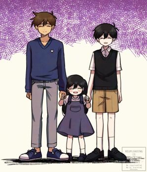 1girl 2boys aged_down black_hair black_shoes black_sweater_vest blue_shoes blue_sweater blush brother_and_sister brown_hair brown_shorts closed_eyes closed_mouth collarbone collared_shirt dark-skinned_male dark_skin double-parted_bangs grey_pants hair_between_eyes hero_(faraway)_(omori) hero_(omori) highres holding_hands kiimorisame loafers long_sleeves mari_(faraway)_(omori) mari_(omori) multiple_boys omori open_mouth overall_skirt overalls pants purple_overalls shirt shoes short_hair short_sleeves shorts siblings smile sneakers socks standing sunny_(omori) sweater sweater_vest teeth upper_teeth_only watermark white_shirt white_socks