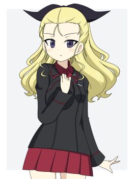 Rule 34 | 1girl, alternate costume, assam (girls und panzer), blonde hair, blue eyes, blush, breasts, girls und panzer, hair ribbon, highres, ichinose jun, kuromorimine military uniform, long hair, looking at viewer, military uniform, miniskirt, open mouth, pleated skirt, red skirt, ribbon, simple background, skirt, small breasts, solo, white background