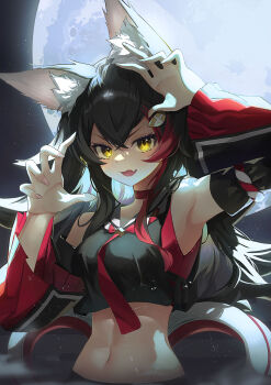 >:) 1girl :3 absurdres animal_ear_fluff animal_ears arms_up backlighting black_hair black_shirt breasts claw_pose collar commentary_request crop_top crossed_bangs detached_sleeves double-parted_bangs fang fingernails food-themed_hair_ornament full_moon hair_between_eyes hair_ornament highres hololive kouhaku_nawa large_breasts lemon_hair_ornament long_sleeves looking_at_viewer midriff moon multicolored_hair navel necktie night ookami_mio ookami_mio_(1st_costume) open_mouth red_hair red_necktie red_trim rope sharp_fingernails shimenawa shirt skin_fang sky smile solo streaked_hair upper_body v-shaped_eyebrows virtual_youtuber white_collar white_hair wide_sleeves wolf_ears wolf_girl xn_akisa yellow_eyes