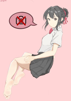 Rule 34 | 1girl, absurdres, barefoot, black hair, brown eyes, feet, hair bun, highres, kimi no na wa., long hair, looking at viewer, miyamizu mitsuha, soles, toes, yagneste