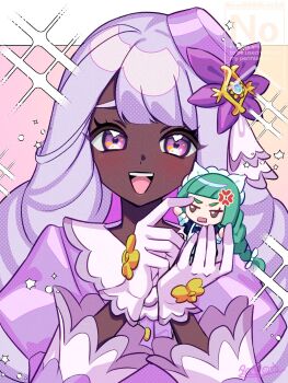 2girls anger_vein apron ascot black_romper blunt_bangs blush bow bowtie braid braided_ponytail brown_eyes dark-skinned_female dark_skin dress fascinator frilled_ascot frills glove_bow gloves green_hair hair_ornament highres holding jacinthe_(pokemon) juliet_sleeves lebanne_(pokemon) long_braid long_hair long_sleeves looking_at_viewer low_drills maid maid_apron maid_headdress mega_stone multiple_girls nintendo open_mouth pokemon pokemon_legends:_z-a puffy_sleeves purple_dress purple_eyes purple_hair romper smile tabetarou teeth upper_teeth_only very_dark_skin white_bow white_bowtie white_gloves