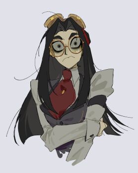 1boy 3: abcdefz_7 androgynous black_hair blunt_ends collared_shirt cropped_torso curtained_hair frown glasses goggles goggles_on_head grey_background grey_eyes grey_vest hand_on_own_arm hazbin_hotel hellaverse highres long_hair male_focus necktie orange-framed_eyewear red_necktie round_eyewear shirt sidelocks simple_background sir_pentious solo straight_hair sweat thick_eyebrows vest white_shirt wide-eyed