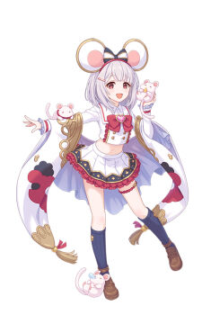 1girl animal_ears black_socks bow bowtie buttons dot_nose frilled_skirt frills grey_hair hair_ornament hairclip heart highres holding long_sleeves looking_at_viewer medium_hair midriff mouse_(animal) mouse_ears mouse_girl multicolored_bow navel official_art open_mouth princess_connect! red_bow red_bowtie red_eyes skirt socks solo standing standing_on_one_leg tachi-e thigh_strap thighs vikala_(granblue_fantasy) white_skirt
