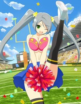 1girl :d american_football american_football_goalpost audience bikini bikini_top_only black_thighhighs blue_skirt border bra breasts breasts_squeezed_together card_(medium) character_name cheerleader cleavage confetti crowd game_cg grass green_eyes grey_hair hair_ornament hairclip high_kick holding holding_pom_poms kicking large_breasts long_hair looking_at_viewer lowres midriff official_art one_eye_closed open_mouth pink_bikini pink_bra pleated_skirt pom_pom_(cheerleading) pom_poms senran_kagura senran_kagura_new_wave shoes skirt smile solo stadium stadium_lights standing standing_on_one_leg star_(symbol) star_hair_ornament star_print swept_bangs swimsuit thighhighs third-party_source tsubame_(senran_kagura) twintails underboob underwear very_long_hair white_shoes winged_shoes wings yellow_trim