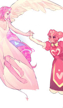 Rule 34 | 2girls, absurdres, angel, angel wings, colored skin, cookie run, cookie run: kingdom, double bun, dress, eternal sugar cookie, food-themed hair, hair bun, highres, hollyberry cookie, humanization, long hair, looking at another, looking at viewer, multiple girls, pink eyes, pink hair, pink skin, puffy sleeves, shinsoo kinoko, smile, very long hair, white dress, white eyeshadow, wings