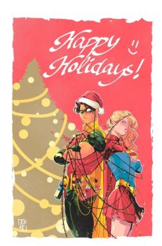 1boy 1girl agutierrezart batman_(series) belt black_hair blonde_hair blush bodysuit cape christmas commentary dc_comics dick_grayson english_commentary eye_mask happy_holidays hat mask multicolored_bodysuit robin_(dc) santa_hat supergirl superhero_costume superman_(series) taut_bodysuit two-tone_bodysuit utility_belt yellow_cape